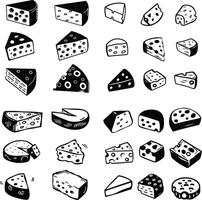 A collection of 25 black and white illustrations of various cheese types. The images include different shapes and textures, featuring holes vector