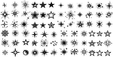 A diverse collection of star and sparkle icons in various styles and designs. These black and white illustrations are perfect for use in graphic design, festive projects, decorations vector