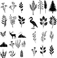 A diverse set of black silhouette featuring various flora and fauna. This collection includes trees, leaves, flowers, a bird, and a deer, capturing the essence of nature and wildlife. vector