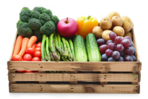 a wooden crate filled with various fruits and vegetables on transparent background png