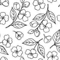 Seamless pattern with leaves and flowers of jasmine. Hand drawn illustration. vector