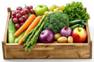 a wooden crate filled with various fruits and vegetables on transparent background png