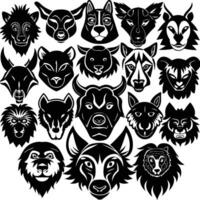 Animals heads drawn different sorts silhouettes set vector
