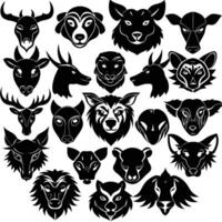 Animals heads drawn different sorts silhouettes set vector