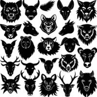 Animals heads drawn different sorts silhouettes set vector