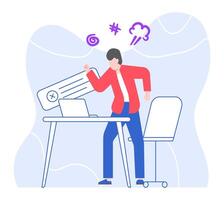 Angry office worker at work place, computer error vector