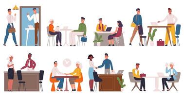 Job interview, recruitment and hiring process. Company hr workers talking to job seekers illustration set. Business job interview scenes vector