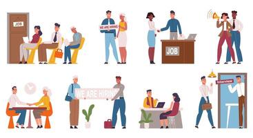Hiring and recruitment process, job interview, employment scenes. Job seekers waiting for job interview illustration set. Hiring process scenes vector