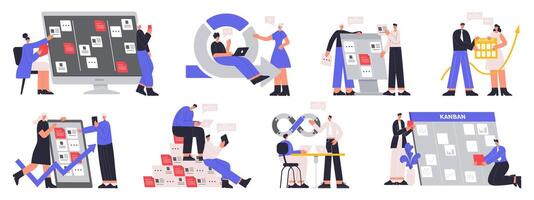 Agile software development team, devOps, kanban board, scrum sprint scheme. IT software development team workflow illustration set. DevOps team work strategy vector