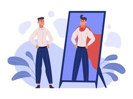 Man see super hero reflection in mirror, ambition and self confident concept. Dreamy person, self motivation, self esteem human illustration. Ambitious male character vector