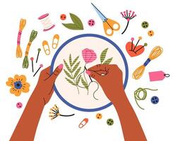 Hands embroider, handmade creative needlework hobby. Female hands with needle and thread embroider floral motif illustration. Embroidery workshop process vector