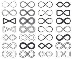 Infinity eternity unlimited symbols, limitless cyclical emblems. Outline infinity signs, unlimited eternity loop symbols set. Endless infinite icons vector