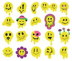 Melting psychedelic smiling faces, dripping groovy characters. Crazy graffiti smile emoji, facial expressions mascots illustration set. Dripping smiling emoji faces vector