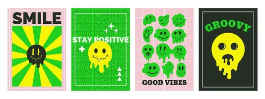 Psychedelic melting smiling faces, 70s groovy psychedelic posters. Retro comic groovy smiling characters posters set. Melting smiling faces covers vector