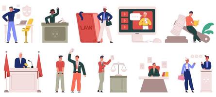 Lawyers characters, justice and law firm workers scenes. Advocate service, support and consulting, attorneys workflow illustration set. Law and justice workers vector