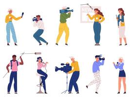 Journalists characters, reporters, videographers and news presenter scenes. TV reporters, bloggers and newsmakers team illustration set. Cameramen and journalists vector