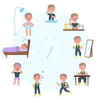 Kid daily schedule, little boy routine activities. Clock face boy sleep and wake schedule isolated illustration. Child daily routine vector