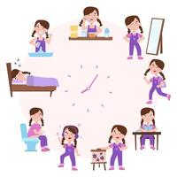 Child daily sleep and wake schedule, girl routine activities. Cute girl daily routine clock face illustration. Kid eating, sleeping routine vector