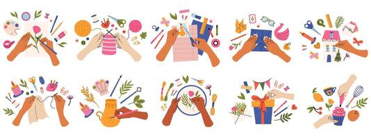 Handmade hobby, hands draw, knit and embroider, creative crafts. Hands create handmade crafts illustration set. Scrapbooking and sewing workshops vector