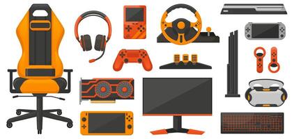 gaming equipment, joysticks, gaming chair, console and headphones. Game accessories, playing joystick and computer monitor illustration set. Game equipment vector