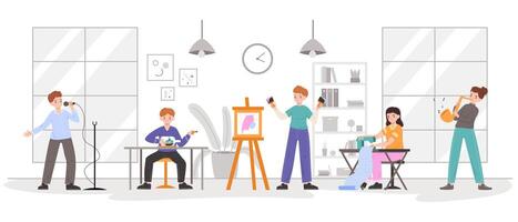 People with art, handicraft, creative hobbies in co-working space. Creative workers in coworking center, musicians and artist illustration. Hobby creative workflow vector