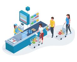 Isometric grocery store counter line, people at supermarket queue. Customers waiting in supermarket check-outs line illustration. Grocery supermarket checkout vector
