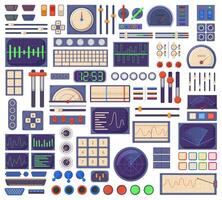 Control panel elements, buttons dials, tuners and connection ports. Retro control panel interface elements illustration set. Electronic spacecraft dashboard parts vector