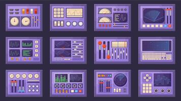 Retro control panels, spacecraft dashboard with dials, tuners and levers. Old computer interface elements isolated illustration set. Control panel templates vector