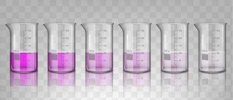 Realistic chemical beakers with solution in different concentration. Chemical lab glassware filled with substance solution illustration. Lab measuring glassware vector