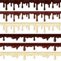 Realistic sweet chocolate dripping, flowing hot chocolate borders. Delicious chocolate drips, liquid frosting streams illustration set. Dripping chocolate elements vector