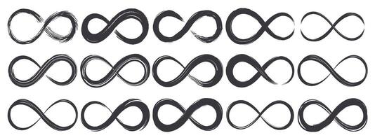 Infinity hand drawn painted symbols, eternal ink brush stroke infinity emblem. Abstract grunge ink texture infinite loop symbols set. Endless infinity silhouettes vector