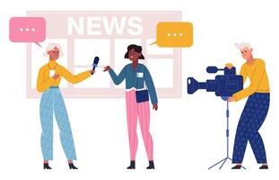 News broadcasting, reporter take interview with reportage hero. Journalist and operator recording news, interviewing celebrity person illustration. Mass media workflow vector