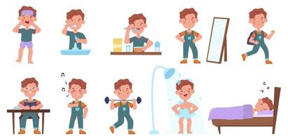 Boy daily routine activities, little guy sleep and wake schedule. Little boy eating, sleeping and reading scenes illustration set. Kid daily life schedule vector