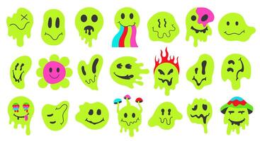 Neon melting smiling faces, retro doodle dripping smile emoji. Psychedelic groovy characters, graffiti smile emoji face illustration set. Funny emoji face mascots vector