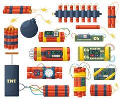 Explosive bombs and dynamite sticks, dangerous pyrotechnics elements. Red dynamite sticks, bombs with clock alarm detonators illustration set. Burning dynamite bombs vector