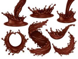 Realistic chocolate frosting splashes, streams and hot dark chocolate swirls. Delicious desserts dynamic splashes and drops illustration set. Liquid chocolate splashes vector