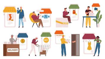 Online shopping app, customers choosing and shopping in internet shop. Mobile shopping and payment illustration set. Digital store concept vector