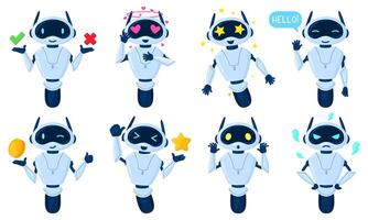 Cartoon chat bot characters, online virtual assistant mascot. Artificial intelligence service machine, friendly personal assistant illustration set. Chat bot character vector