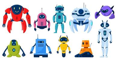 Cartoon robot characters, technology cyborg mascots or mechanical toys. Artificial intelligence, scientific technology machines illustration set. Digital cyborgs vector