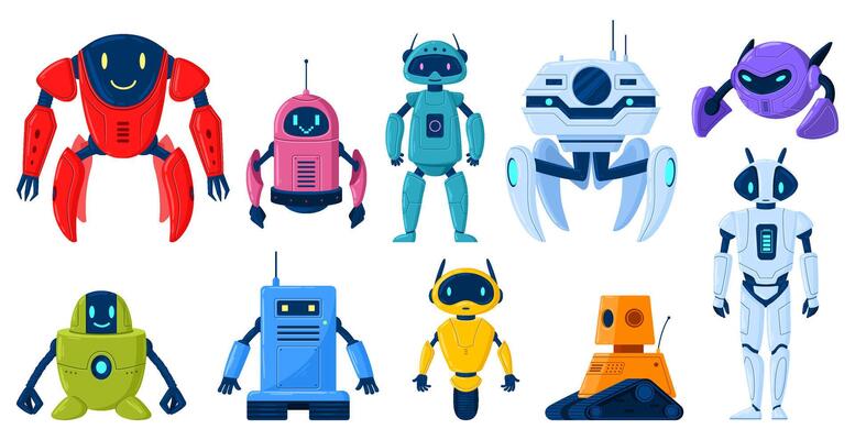 Cartoon robot characters, technology cyborg mascots or mechanical toys. Artificial intelligence, scientific technology machines illustration set. Digital cyborgs