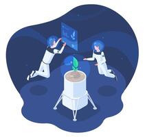 Isometric space colonisation, astronauts growing plants in space. Spaceman growing plant under zero gravity illustration. Genetic engineering and space colonization vector
