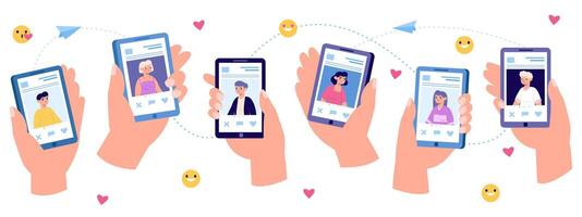 Oline romance date app on smartphone screen. illustration set hands holding smartphone virtual relationship communication vector