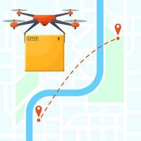 Drone delivery service, quadcopter gadget map location. Delivery unmanned drone carrying package box illustration. Quadcopter with package flying to destination point vector