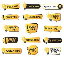 Quick tips helpful emblems, problem solution or advice speech bubbles. Tricks and helpful suggestions abstract symbols set. Quick tips trick logos vector