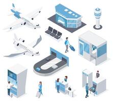 Isometric airport elements, plane, passengers, passport check and terminal. Airport building and baggage claim illustration set. Airport equipment vector