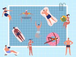 Summer pool party characters, swimming and relaxing people. Pool activities, people floating on rubber mattresses or bathe in water illustration. Summertime activity vector