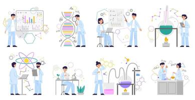 Clinic lab doctor characters, science analysis laboratory. Scientists doing research in chemical lab illustration set. Science characters wearing white laboratory coat vector