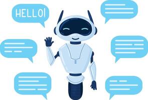Cartoon chat bot character, cute online assistant. Friendly personal assistant, smiling chatbot with speech bubbles illustration. Chatbot customer service vector