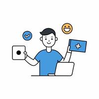 illustration of a digital marketer with laptop and some icon vector