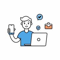 illustration of a digital marketer with laptop and some icon vector